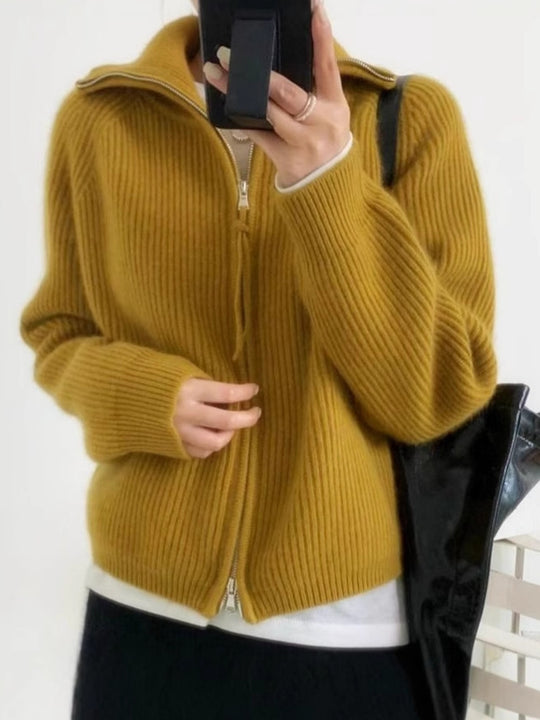 Damen Oversize-Strickjacke mit Reißverschluss, Stehkragen und gerippter Struktur Shop Nory