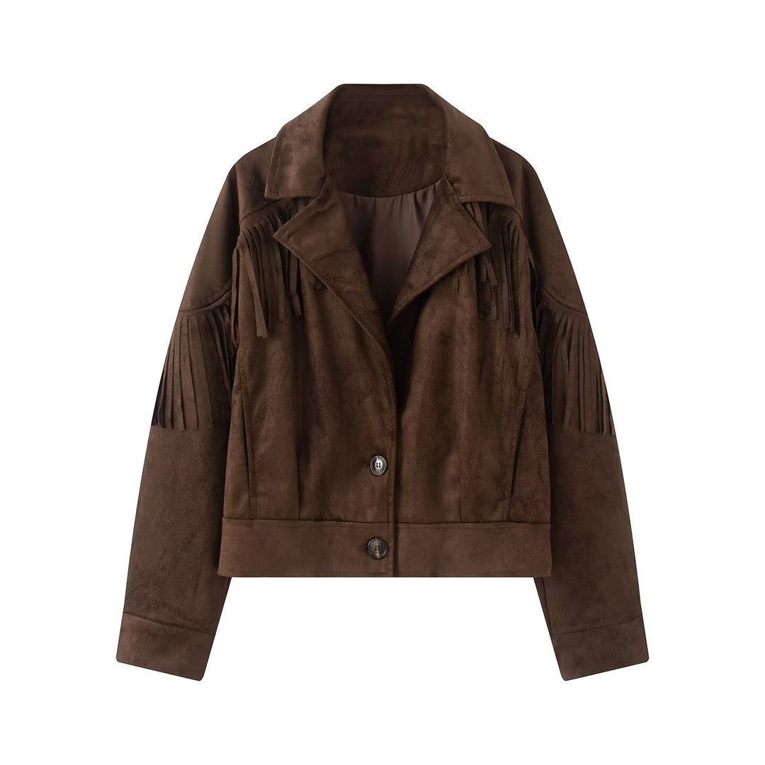 Damen Kurzjacke im Wildleder‑Look mit Fransenbesatz und Hemdkragen Shop Nory