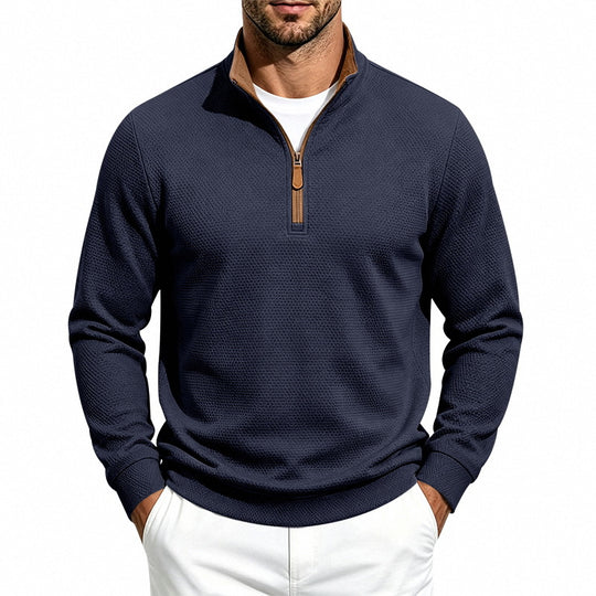 Herren Waffelstruktur-Halbzip-Sweatshirt mit Stehkragen, Kontrastfutter und Lederzipper Shop Nory