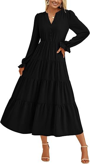 Damen Stufiges Midikleid mit V-Ausschnitt, geraffter Taillennaht und Rüschenmanschetten Shop Nory