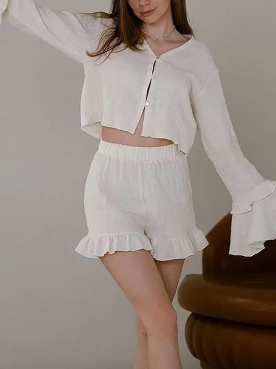 Damen Zweiteiliges Crinkle-Lounge-Set mit Volant-Shorts und gestuften Trompetenärmeln Shop Nory