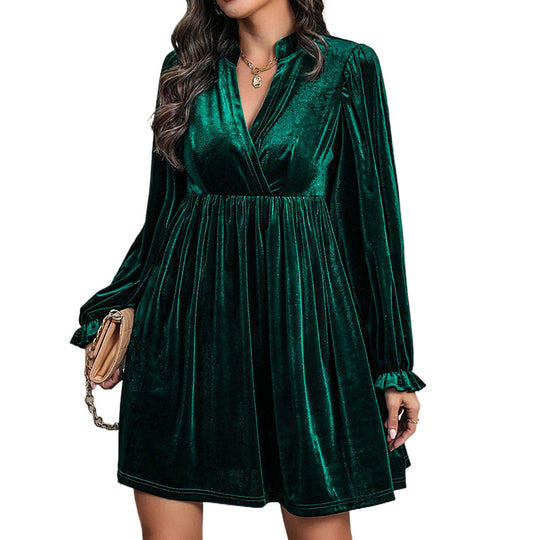 Damen Samt-Minikleid mit Wickeloberteil, Empire-Taille und Rüschenmanschetten Shop Nory
