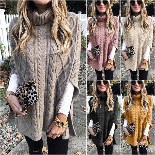 Damen nan kastiger Strickponcho mit hohem Rollkragen, Zopfstruktur und seitlichen Schlitzen Shop Nory