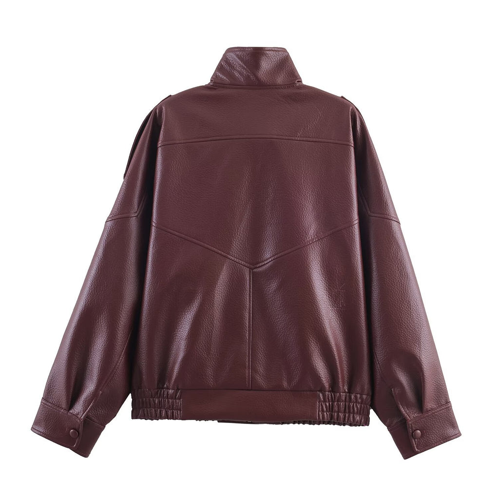 Damen Kunstlederjacke im modernen Design mit hochgeschlossenem Kragen und praktischen Taschen
