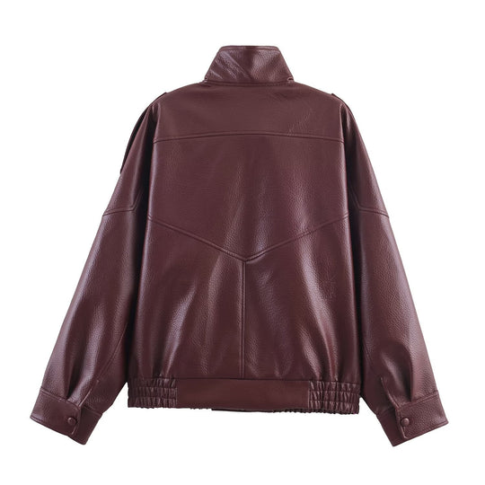 Damen Kunstlederjacke im modernen Design mit hochgeschlossenem Kragen und praktischen Taschen