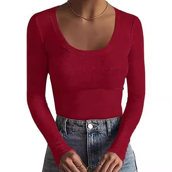 Damen Schmal geschnittenes Langarm-Feinstricktop mit weitem U-Ausschnitt Shop Nory
