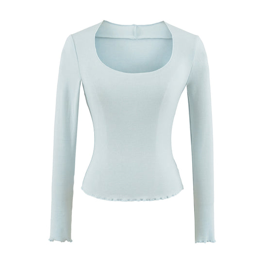 Damen Figurbetontes Langarm-Feinstrickshirt mit quadratischem Ausschnitt und Wellensaum Shop Nory