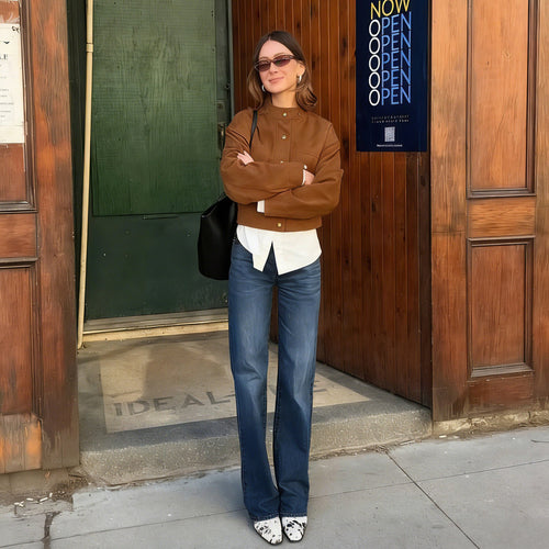 Damen Kurzjacke aus Wildlederoptik mit Stehkragen und Druckknöpfen Shop Nory