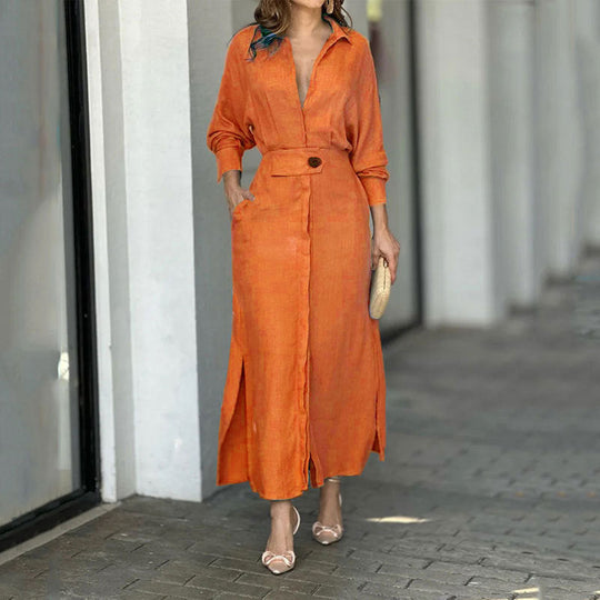 Damen Maxikleid aus leichtem Leinen mit eleganter Knopfleiste und praktischen Seitenschlitzen