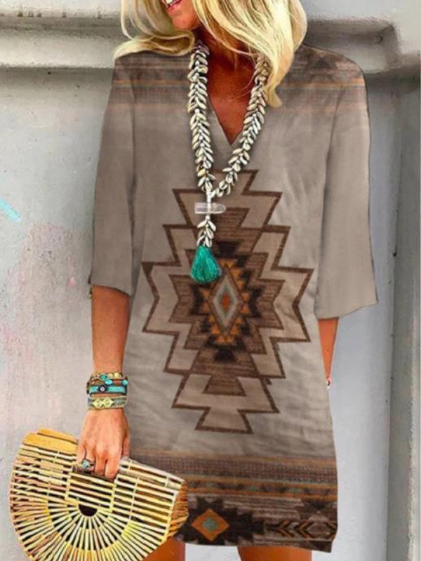 Damen Boho Tunika Kleid mit V-Ausschnitt, 3/4 Ärmeln und geometrischem ethnischem Druck Shop Nory