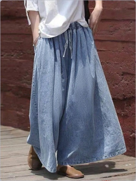Damen Langer Denim-Maxirock mit Tunnelzugbund, weitem A‑Linien‑Schnitt und Eingrifftaschen Shop Nory