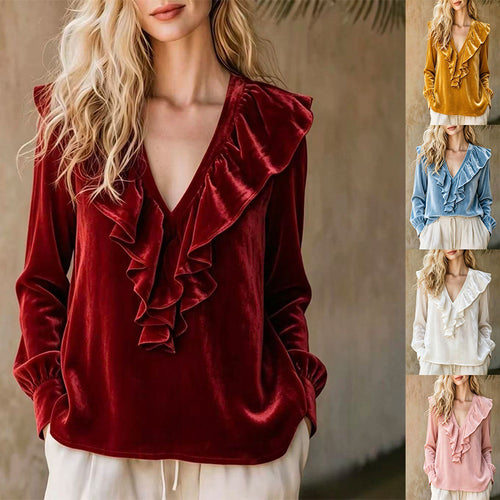 Damen Rüschige V-Ausschnitt-Bluse aus Chiffon mit Volantkragen und elastischen Manschetten Shop Nory