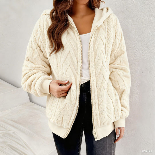 Damen Kapuzen-Teddyjacke mit Reißverschluss, weichem Plüsch und elastischem Bündchen Shop Nory