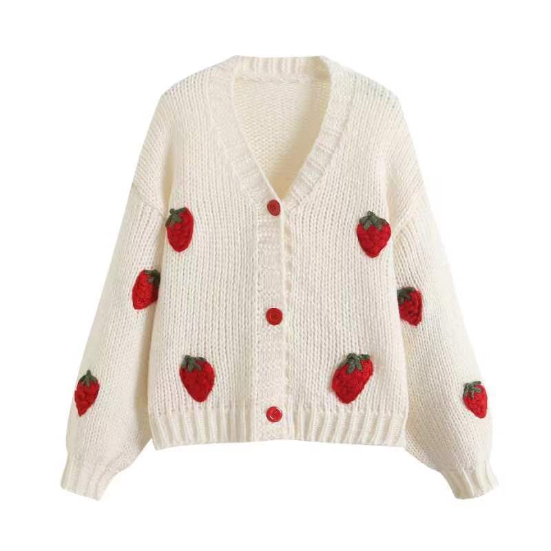 Damen Kurzcardigan mit Erdbeer-Applikationen und grobem Strick Shop Nory