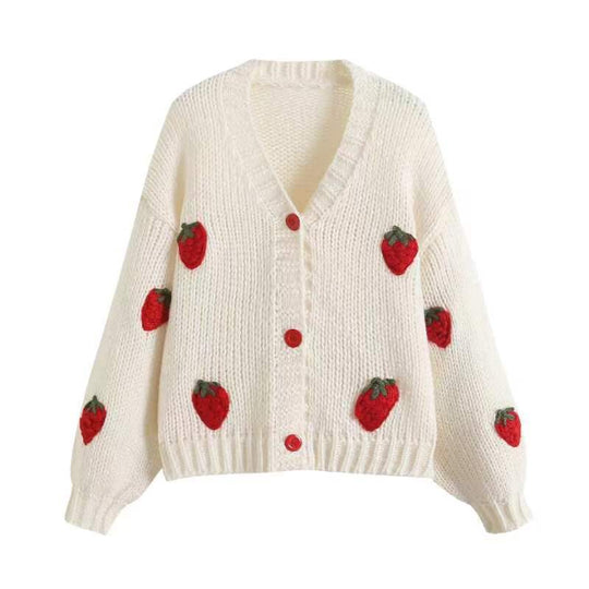 Damen Kurzcardigan mit Erdbeer-Applikationen und grobem Strick Shop Nory