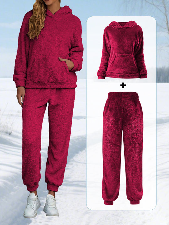 Damen Kuscheliges Teddy-Fleece Lounge-Set mit Kapuze und Kängurutasche Shopy Nory