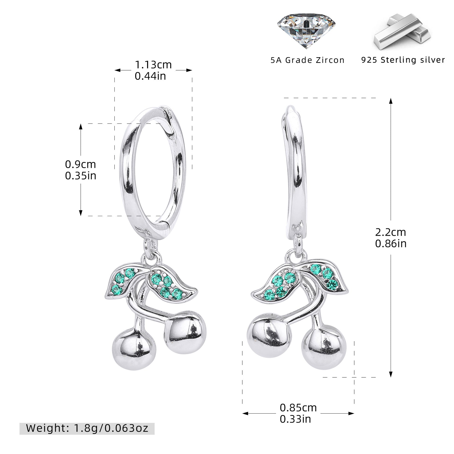 Damen Ohrhänger mit modernen Kirschmotiven aus 925 Sterling Silber und Zirkon Shop Nory