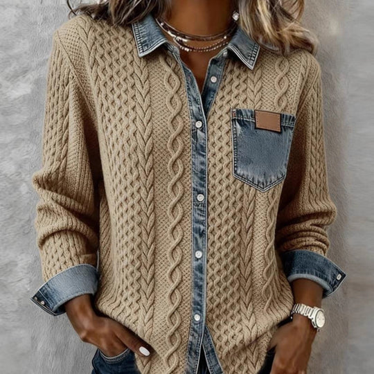 Damen nan geflochtener Strickpullover mit integriertem Jeanskragen und Brusttasche Shop Nory