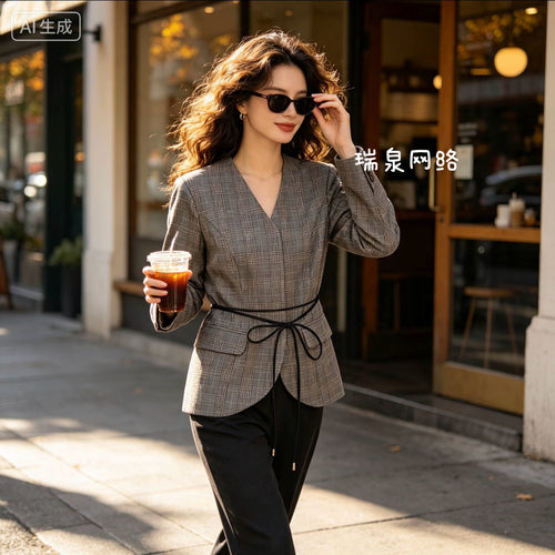 Damen Taillierter Glencheck-Blazer mit V‑Ausschnitt und Wickelgürtel Shop Nory