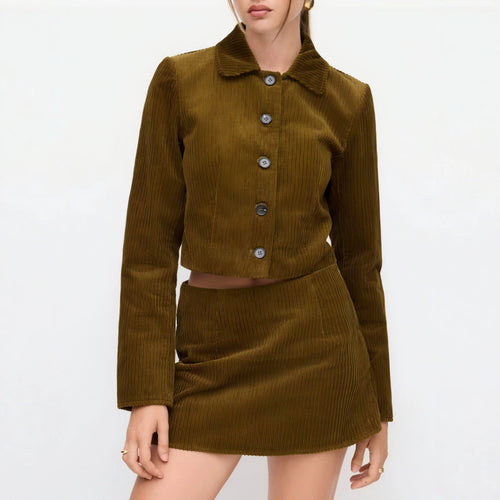 Damen Plissierte Kurzjacke mit Hemdkragen und umgeschlagenen Manschetten Shop Nory