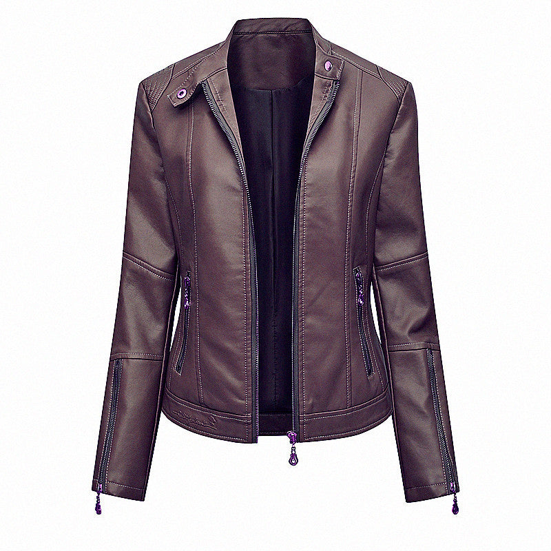 Damen Figurbetonte Kunstleder-Bikerjacke mit Stehkragen, taillierten Nähten und Reißverschlusstaschen Shop Nory