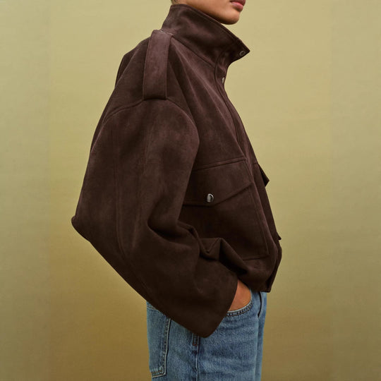 Damen Modische Wildlederjacke mit großen Taschen