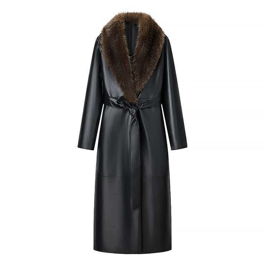 Damen Langer Ledermantel mit abnehmbarem Fellkragen und minimalistischer Silhouette Shop Nory