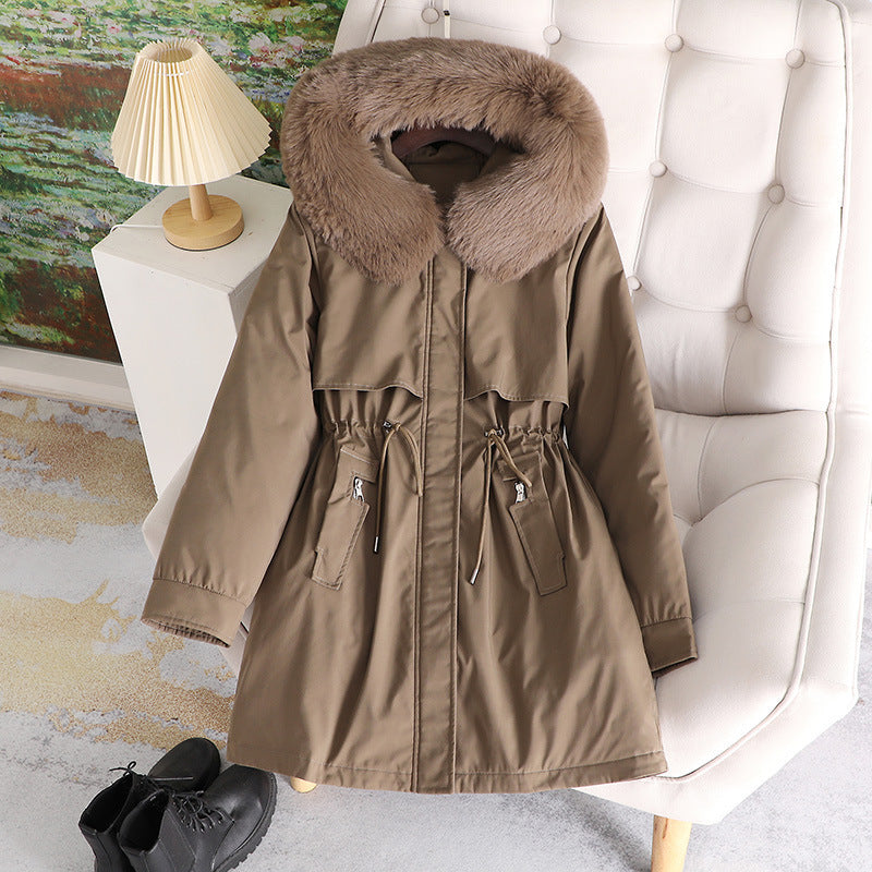 Damen nan mittellanger wasserabweisender Parka mit voluminösem Kunstfellkragen, Taillenzug und multifunktionalen Pattentaschen Shop Nory