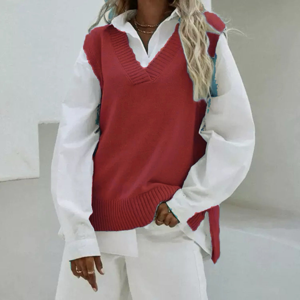 Damen Ärmellose Strickweste mit V-Ausschnitt und seitlichen Schlitzen Shop Nory