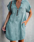 Damen Jeanshemdkleid mit praktischen Taschen und modernem Reißverschluss