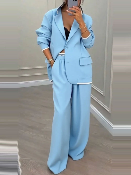 Damen Oversize-Blazer mit Kontrastbesatz und High‑Waist Palazzo‑Hose Zweiteiler Shop Nory