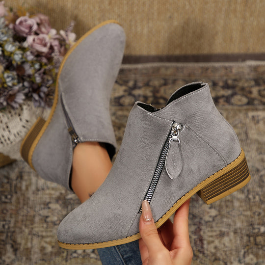 Damen Moderne Kurzschaft-Stiefelette mit sichtbarem Metallreißverschluss und niedriger Holzoptik-Blocksohle Shop Nory