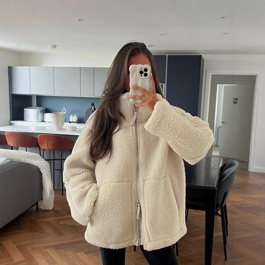 Damen Oversize Teddy-Fleece Jacke mit Reißverschluss und Stehkragen Shop Nory