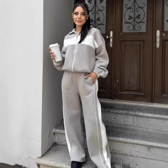 Damen Komfortables Campus-Lounge-Set mit kurzem Reißverschluss-Top und Seitenstreifen-Jogger Shop Nory