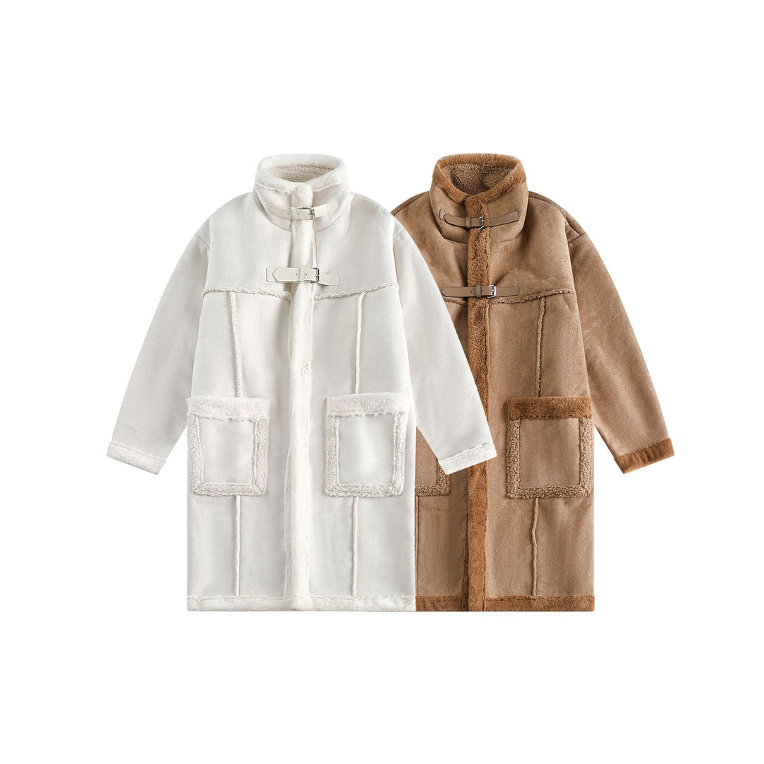 Damen Langer Oversize Lammfell‑Imitat Mantel mit Stehkragen und Schnallenverschluss Shop Nory