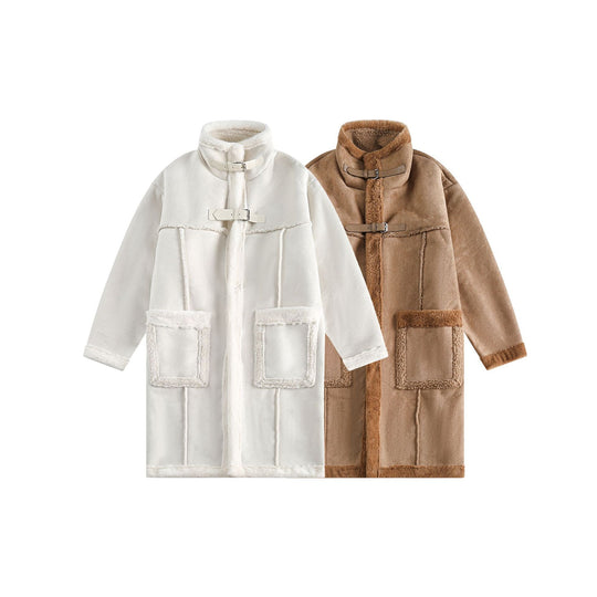 Damen Langer Oversize Lammfell‑Imitat Mantel mit Stehkragen und Schnallenverschluss Shop Nory