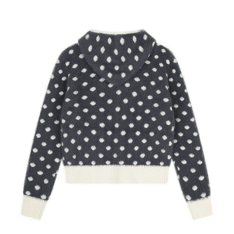 Damen Flauschige Kapuzen‑Zipjacke mit Polka‑Dot‑Jacquard und Eingrifftaschen Shop Nory