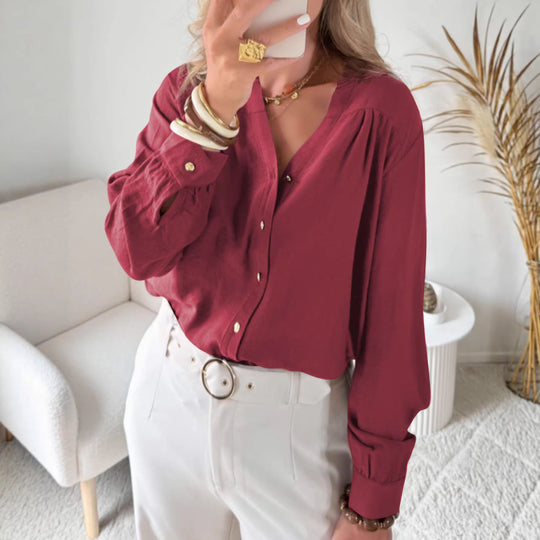 Damen Lockeres Blusenshirt mit V-Ausschnitt, Rüschensaum und goldenen Zierknöpfen Shop Nory
