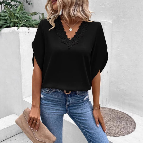 Damen Elegante V-Ausschnitt Bluse mit floraler Spitzenkante und Fledermausärmeln Shop Nory