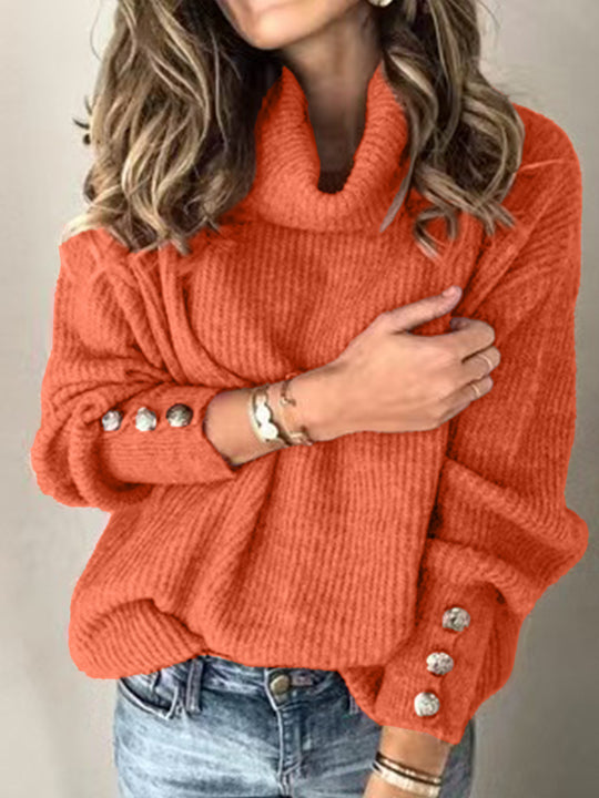 Damen Grobstrick-Rollkragenpullover mit Zierknopf-Ärmeln und lässiger Oversize-Passform Shop Nory