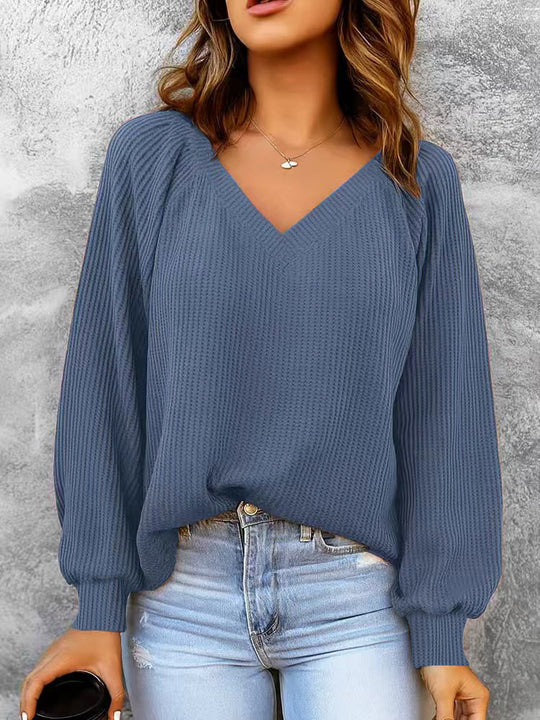 Damen Feinstruktur-Strickpullover mit V-Ausschnitt, Ballonärmeln und Rippbündchen Shop Nory