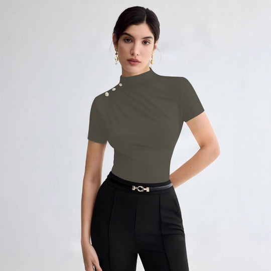 Damen elegantes Oberteil mit dekorativen Knopfdetails und modernem Stehkragen