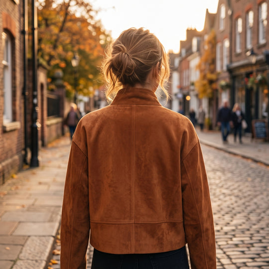 Damen Kurzjacke im Boxy-Cropped-Schnitt aus Velourslederoptik mit Stehkragen und Metallreißverschlüssen Shop Nory