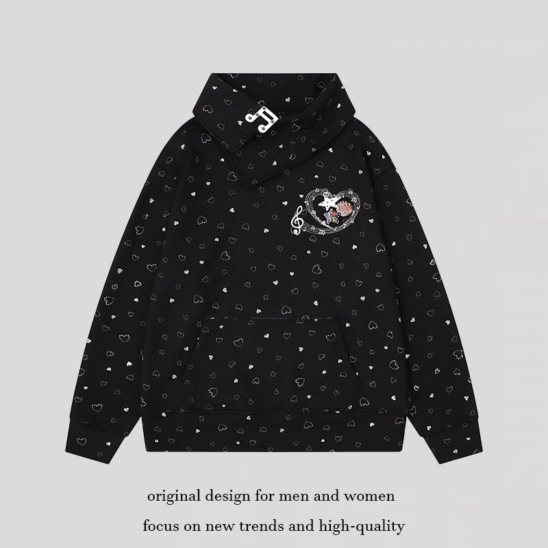 Damen Oversize-Sweatshirt mit asymmetrischem Stehkragen, Kängurutasche und musikalischer Herz-Stickerei Shop Nory