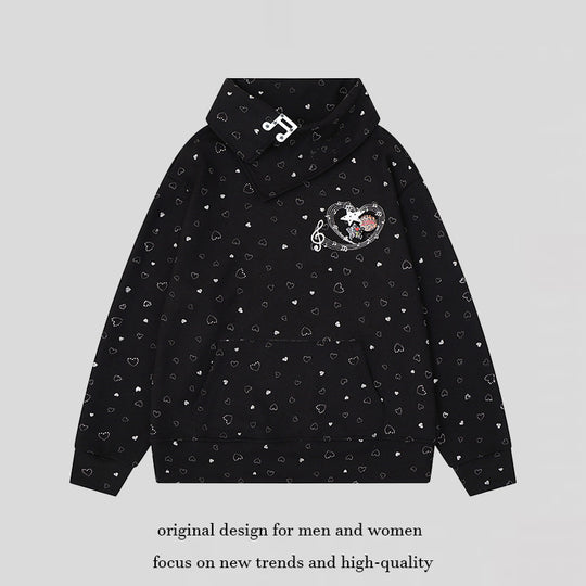 Damen Oversize-Sweatshirt mit asymmetrischem Stehkragen, Kängurutasche und musikalischer Herz-Stickerei Shop Nory