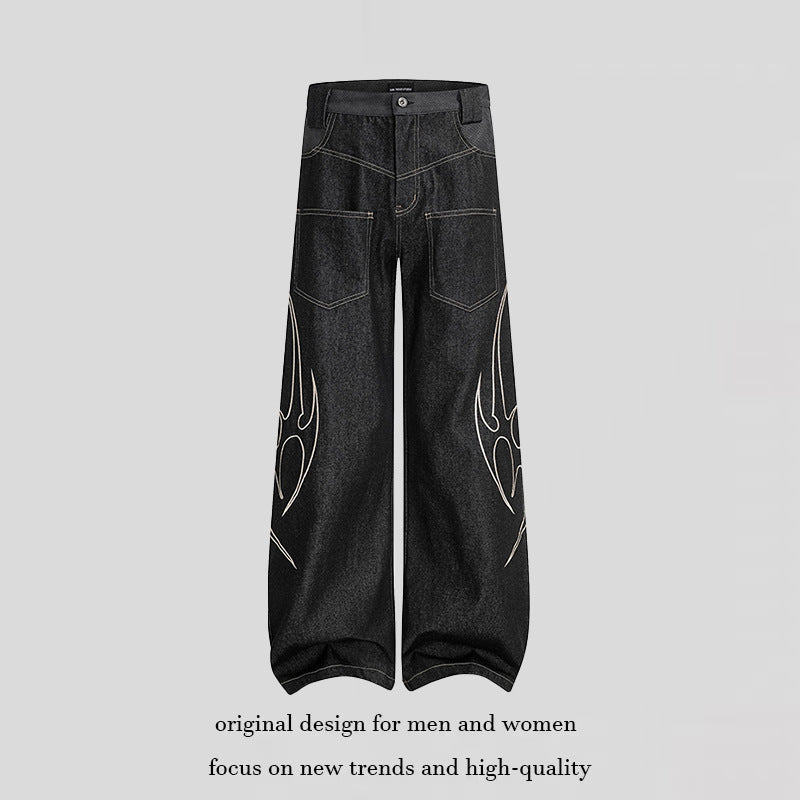 Damen Weite High‑Waist Denim‑Cargohose mit Flammenstickerei und aufgesetzten Taschen Shop Nory