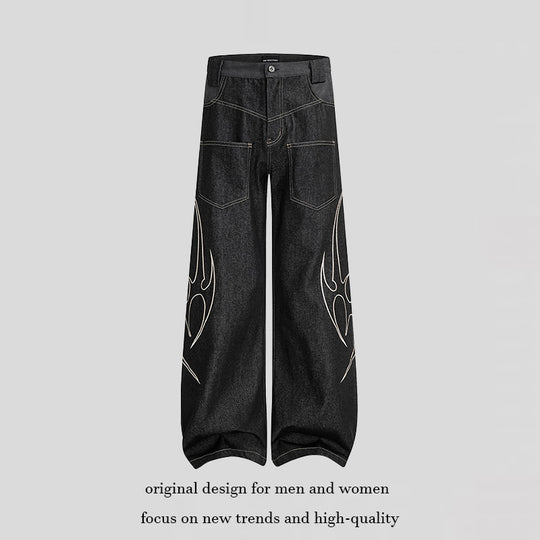 Damen Weite High‑Waist Denim‑Cargohose mit Flammenstickerei und aufgesetzten Taschen Shop Nory