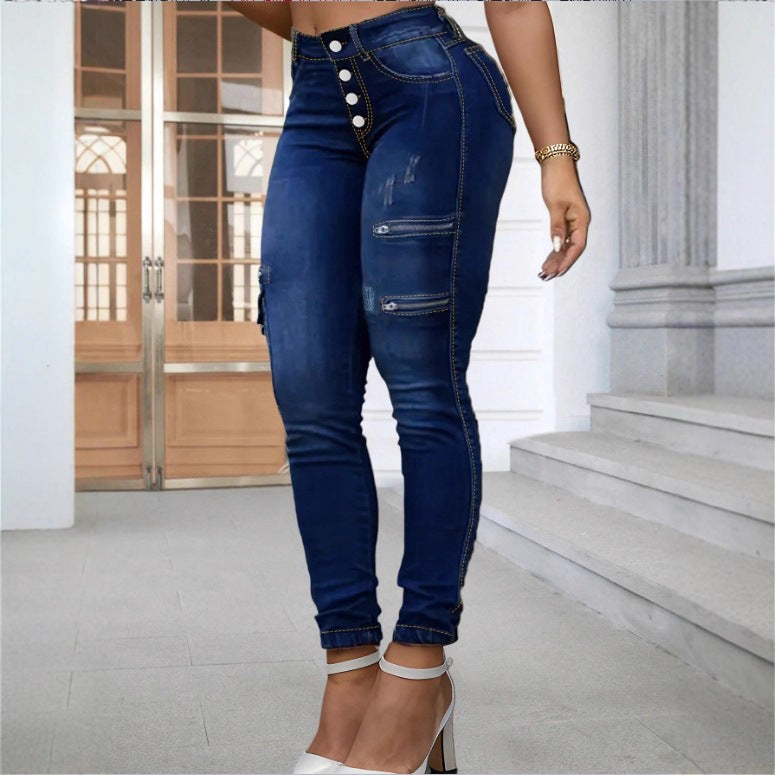 Damen Hochtaillierte Skinny-Jeans mit Cargo-Reißverschlusstaschen & Knopfverschluss Shop Nory