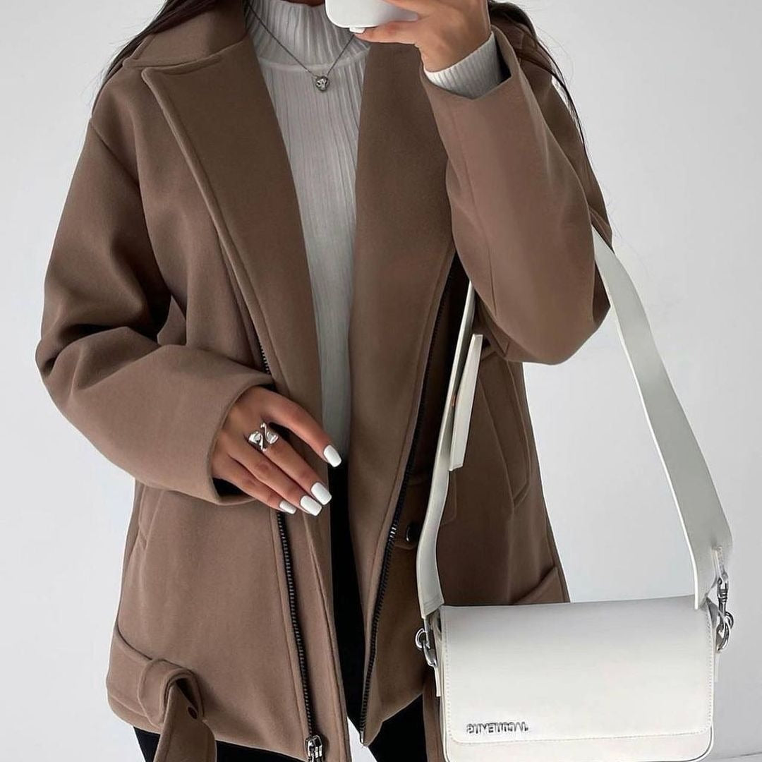Damen nan kurz geschnittener Wolloptik-Mantel mit verdecktem Reißverschluss, Taillengürtel und aufgesetzten Taschen Shop Nory