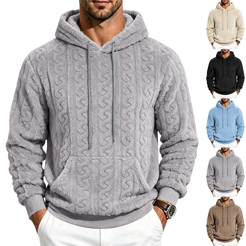 Herren kuscheliger Teddy-Fleece Kapuzenpullover mit Zopfmuster und Kängurutasche Shop Nory